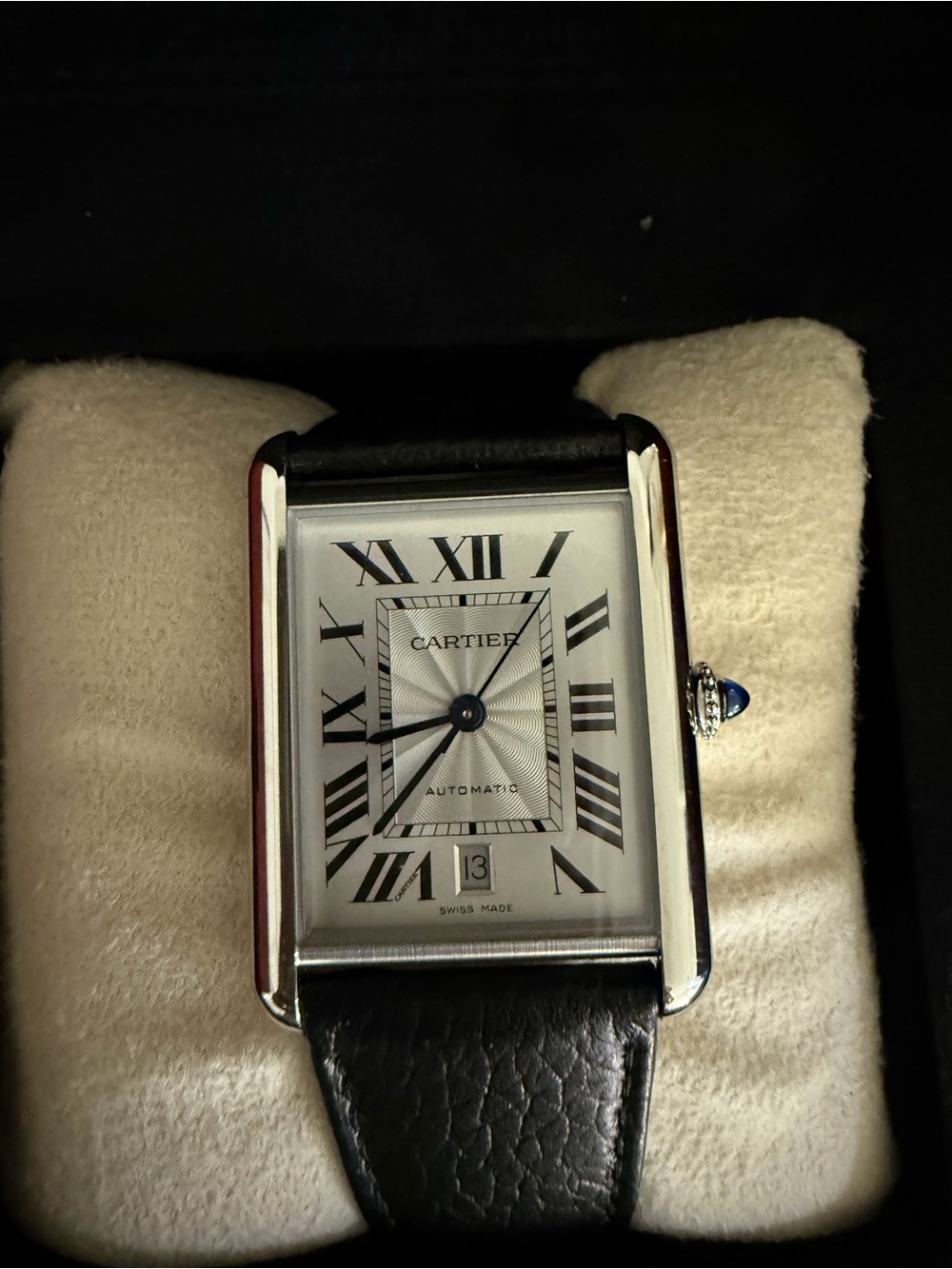 Cartier Silver Rectangular Dial Black Leather Watch with Blue Cabochon
